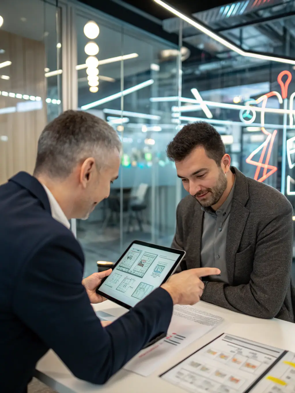 A professional image showing a consultant explaining advertising strategies to a client in a modern office setting.