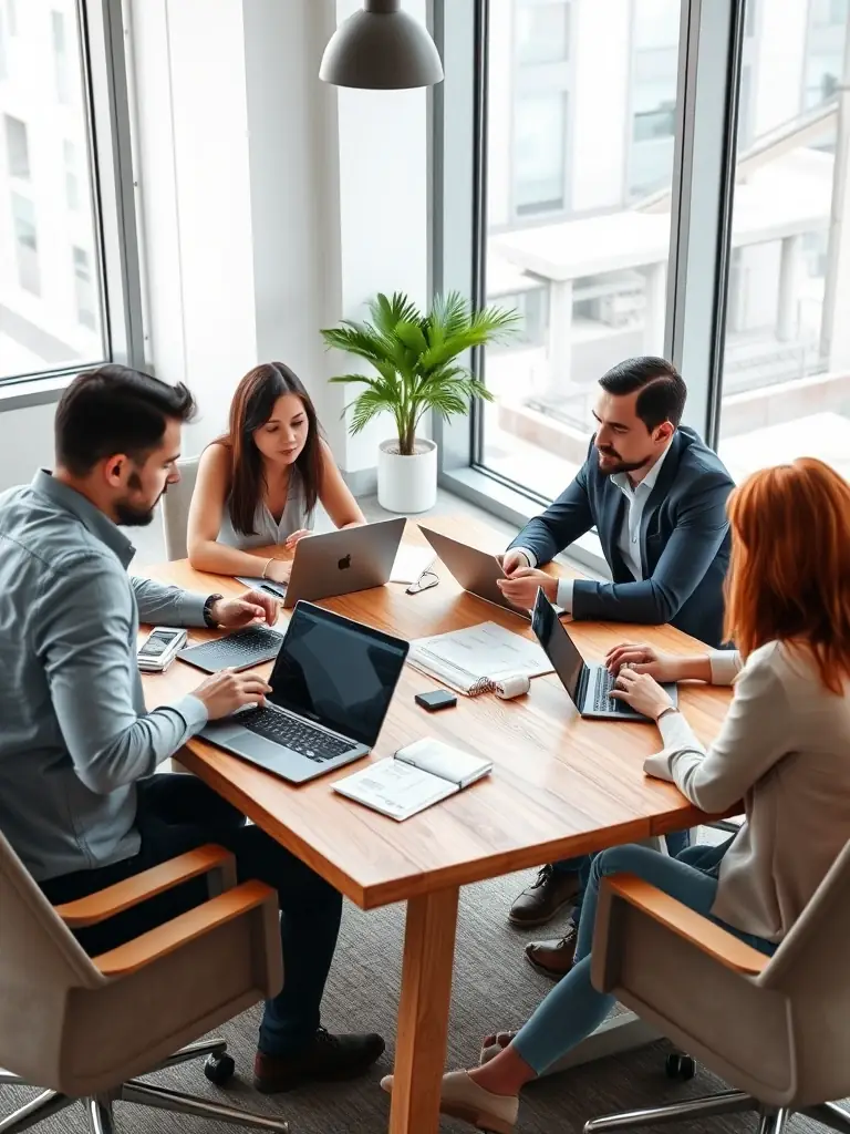 A vibrant image depicting a diverse team collaborating on a Meta advertising campaign, showcasing data analysis and creative brainstorming.