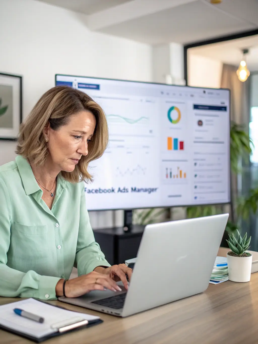A professional photo of a team member creating a Facebook ad campaign on a computer, showcasing the creative process and attention to detail.